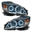 2008-2011 Mercedes Benz C-Class Pre-Assembled Headlights-Chrome-HALOGEN with white LED halo rings.