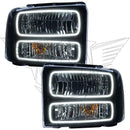 Ford Super Duty headlights with white LED halo rings.