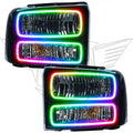 Ford Super Duty headlights with ColorSHIFT LED halo rings.