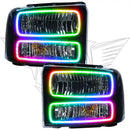 Ford Super Duty headlights with ColorSHIFT LED halo rings.