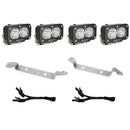 Four LED work lights with mounting brackets and wiring for the Baja Designs Toyota S2 Sport Dual Fog Pocket Light Kit on a white background
