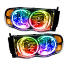 2002-2005 Dodge Ram Pre-Assembled Halo Headlights with ColorSHIFT LED halo rings.