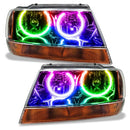 1999-2004 Jeep Grand Cherokee Pre-Assembled Halo Headlights-Black Housing with ColorSHIFT LED halo rings.