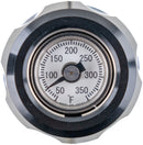 Temperature gauge with a white face and black markings on a white background