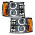 GMC Sierra headlights with white LED halo rings.