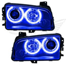 Dodge Charger headlights with blue LED halo rings.