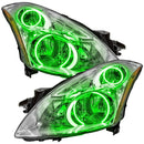 2010-2012 Nissan Altima Sedan Pre-Assembled LED Halo Headlights with green LED halo rings.