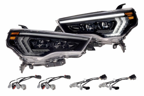 Pair of Morimoto Toyota 4Runner (14-24) XB Evo Hybrid LED Headlights with wiring harnesses on a white background