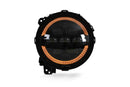 An Apex Series Headlight with Attica branding for the Jeep Wrangler JL with orange halo ring on a white background