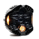 Black motorcycle headlight with visible branding on a white background