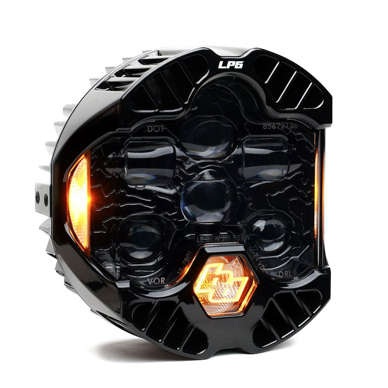 Black motorcycle headlight with visible branding on a white background