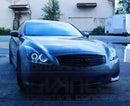 Front end of an Infiniti G37 with white LED headlight halo rings.