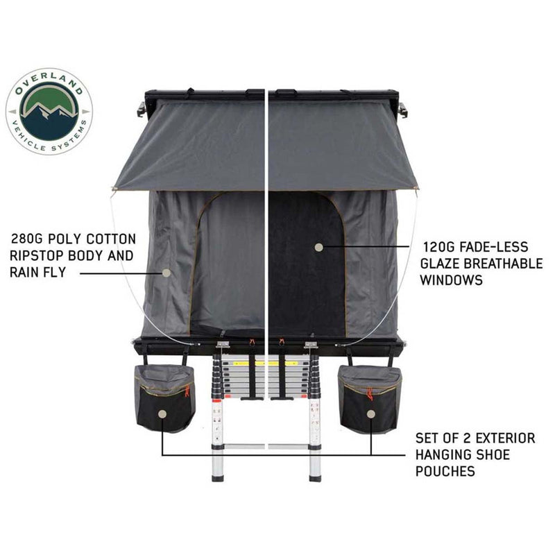 Overland Vehicle Systems HD Mamba Clam Shell Aluminum Hard Shell Roof Top Tent, Grey Body & Green Trim
