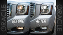 Side by side comparison of dim factory bulbs versus brighter LED bulbs.