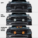 Three views of the 7" Multifunction LED Spotlight installed on a TRX, showing the spotlight turned off, DRL mode, and parking light mode.