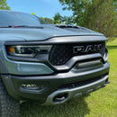 Front end of a RAM TRX with Front Bumper Flush LED Light Bar System installed with white LEDs
