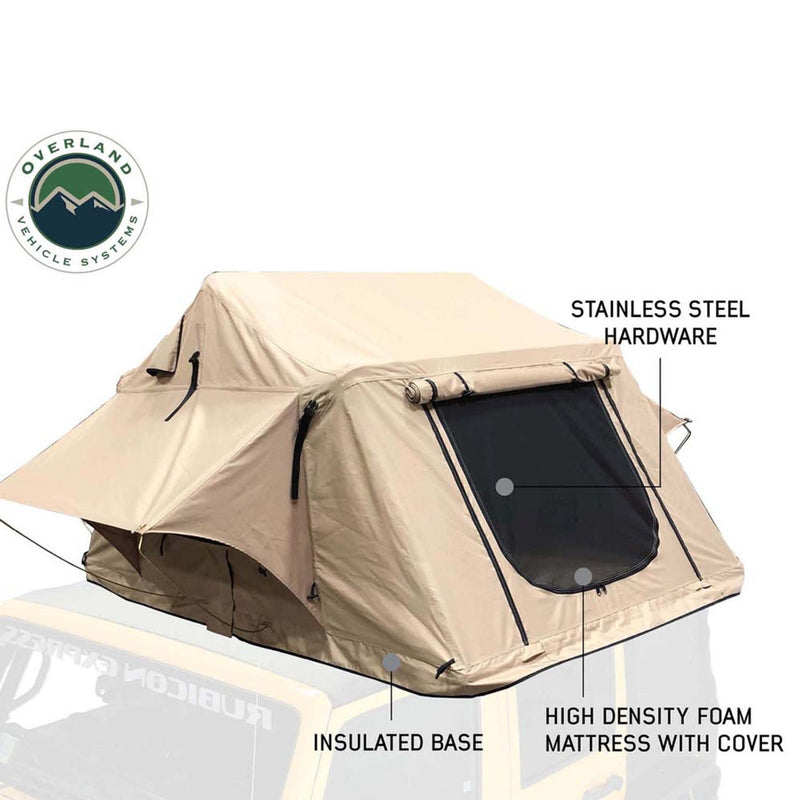 Overland Vehicle Systems LD TMBK 3 Soft Shell Roof Top Tent, Tan Body & Green Rainfly