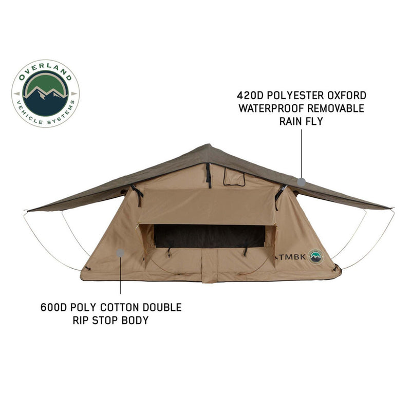 Overland Vehicle Systems LD TMBK 3 Soft Shell Roof Top Tent, Tan Body & Green Rainfly