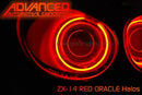 Close-up of Kawasaki ZX-14R Headlights with red LED halo rings.