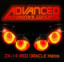 Close-up of Kawasaki ZX-14R Headlights with red LED halo rings.