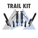 Graphic with the Peak Suspension 2.5″ DSC Coilover Trail Kit for 2021+ Ford F-150 trucks, with the words trail kit at the top.