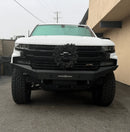 Front view of a White Chevrolet Silverado 1500 with a black front bumper on a white background – RTS “Rugged Terrain Series” Front Winch Bumper