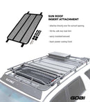 Sunroof insert attachment for car roof rack with product details on a white background.