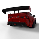 Rear view of a red Toyota Supra with Universal Illuminated LED Letter Badges installed above the license plate area.