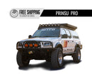 White Toyota Tacoma with a prinsu pro roof rack and off-road modifications on a white background, featuring 'Prinsu Pro' branding.
