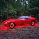 Red Dodge Charger with multiple ORACLE Lighting products installed, including wheel rings, halos, and underbody kit.