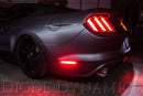 Rear photo of a mustang with tail lights lit.