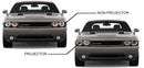 Two Dodge Challengers side by side, with labels pointing to the headlights on each one. One label reads "projector," and the other one reads "non-projector."