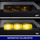 Comparison of a vehicle's front lights in 'Off' and 'On' states with a distinctive yellow optic.