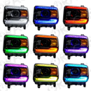 Grid view of GMC Sierra headlights showing different color DRLs.