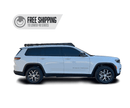 White Jeep Grand Cherokee L with a prinsu roof rack on a white background, featuring free shipping text.
