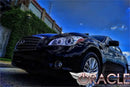 Low aggressive shot of an Infiniti M37 with white LED headlight halo rings installed.