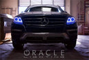 Front end of a Mercedez-Benz ML Class with blue LED headlight halos installed.