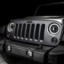 Front end of a Jeep Wrangler JK with 7" Oculus Headlights installed.