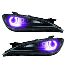 Chrysler 200 headlights with purple LED halo rings.