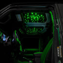 Jeep interior with StarLINER Fiber Optic Hardtop Headliner installed on the roof panels, set to green LEDs.