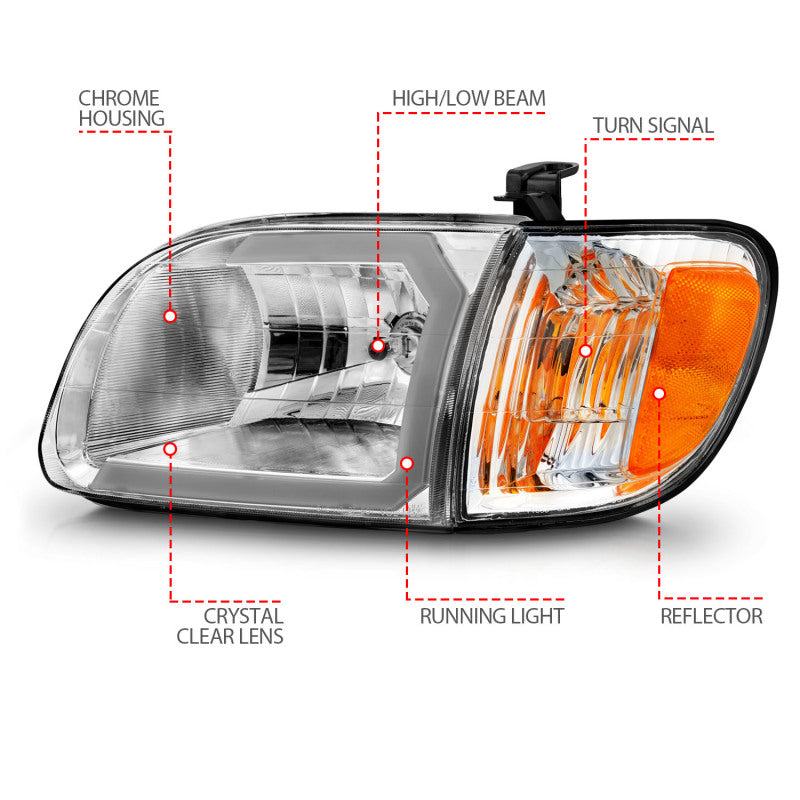 ANZO 00-04 Toyota Tundra (Reg/Acc Cab Only) Crystal Headlights w/Lgt Bar Chrome w/Corner Lights 2pc