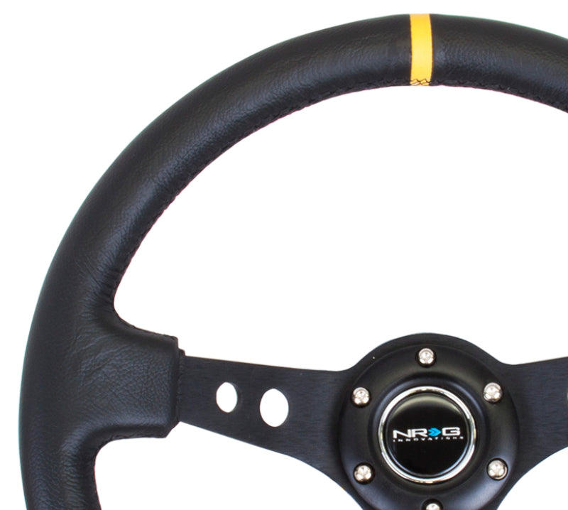 NRG Reinforced Steering Wheel (350mm / 3in. Deep) Blk Leather w/Blk Cutout Spoke/Yellow Center Mark