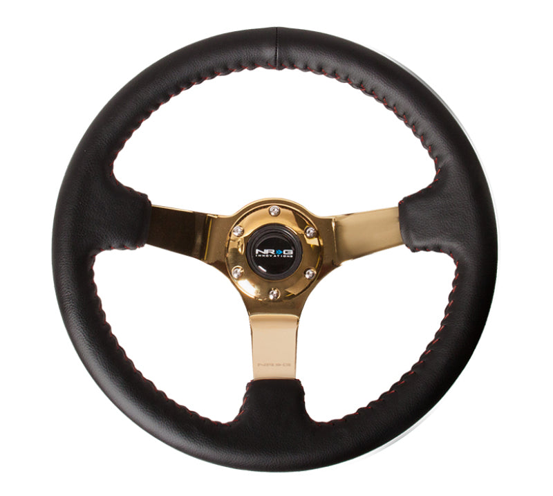 NRG Reinforced Steering Wheel (350mm / 3in. Deep) Blk Leather/Red BBall Stitch w/4mm Gold Spokes