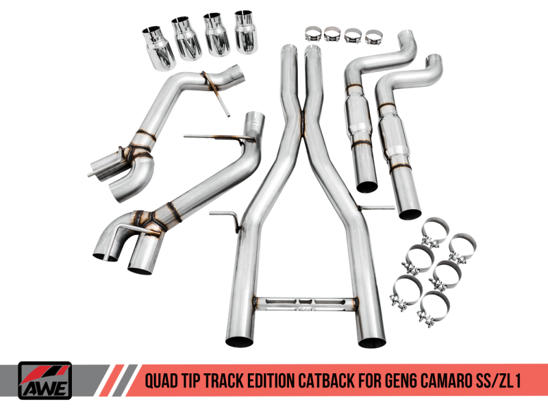 AWE Tuning 16-19 Chevy Camaro SS Non-Res Cat-Back Exhaust - Track Edition (Quad Chrome Silver Tips)