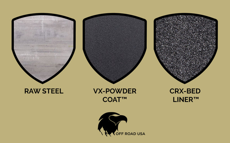 Raw steel, VX-Powder Coat™ and CRX-Bed Liner™ rock slider coating options